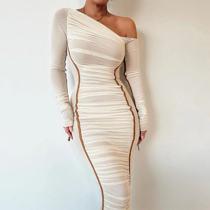 eybag Off The Shoulder Mesh Long Sleeve Midi Long Dress Party Prom Y2K Streetwear Elegant Evening Summer Casual Clothing