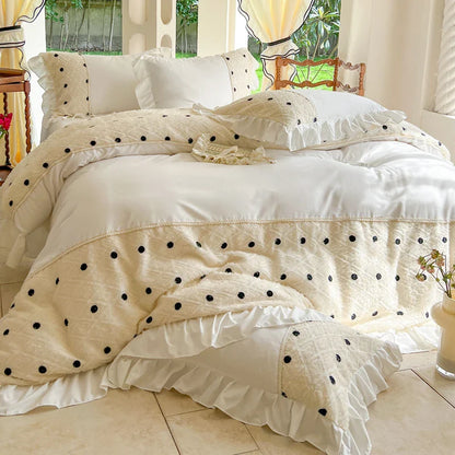 -Korean Princess Style Bedding Set, Lace Patchwork, Embroidery Ruffles, Duvet Cover Set, Bed Sheet, Pillowcases, 4Pcs