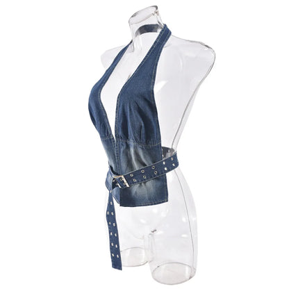 eybag Women Sexy Denim Tank Tops with Adjustable Grommet Belt Fashion V-neck Halter Backless Jeans Vest Casual Streetwear Tops