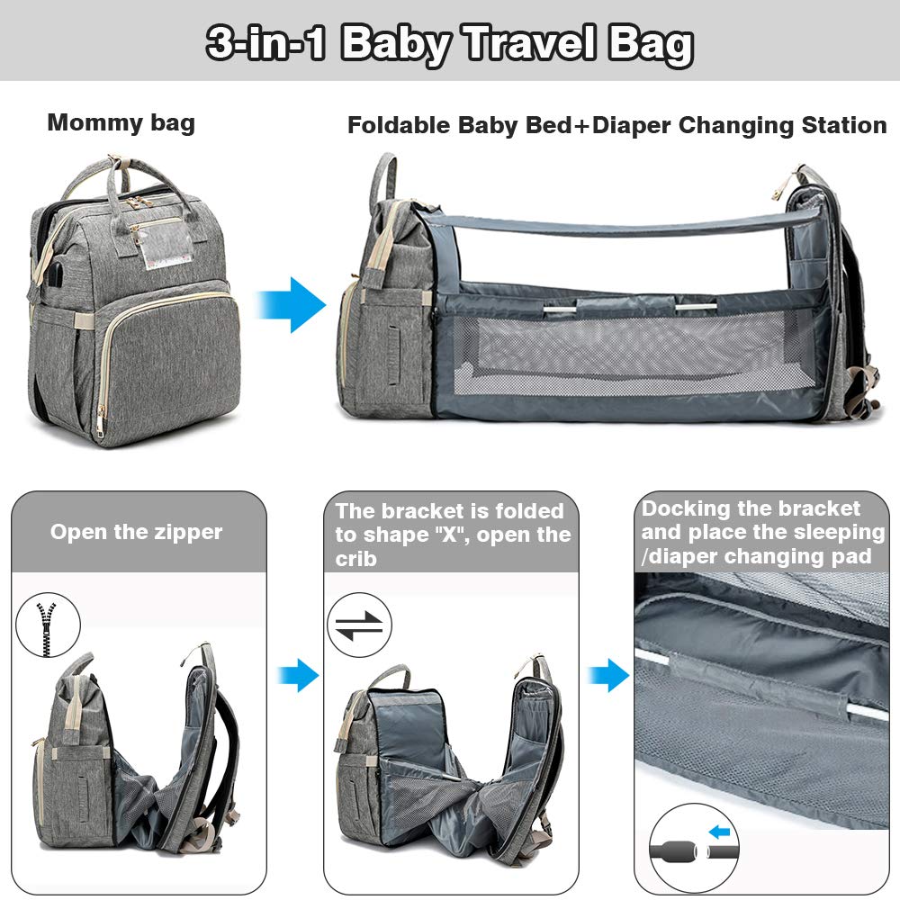 eybag USB Folding Crib Baby Travel Bed Diaper Bag Multi-Function Large Capacity Baby Backpack Diaper Bag Baby Stroller Organizer Bag