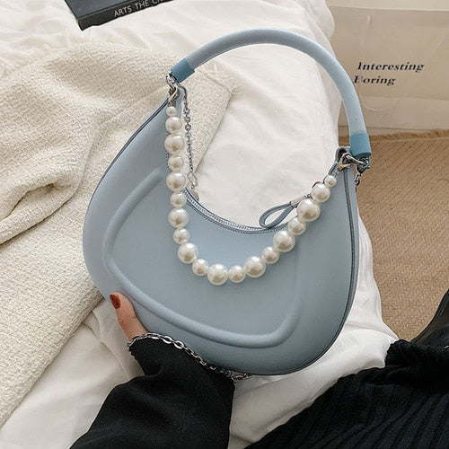 eybag Kawaii Tote PU Leather Half Moon Armpit Bag with Pearl Short Handle 2022 Women's Designer Handbag Luxury Shoulder Crossbody Bag