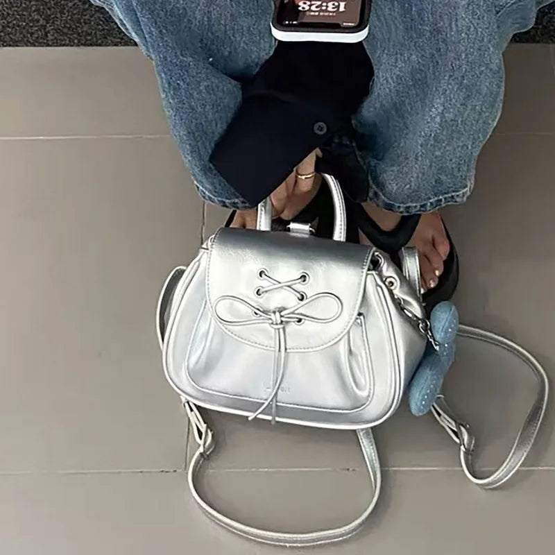 eybag Silver Fashion Womens Shoulder Bag College Style Vintage Small Leather Backpack Sweet Cute Summer Casual Commuter Girl Bag