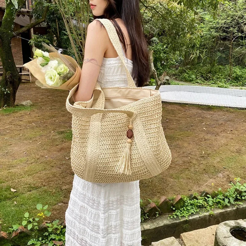 eybag Elegant Ladies Straw Woven Handbag Women Holiday Beach Commute Casual Tote Top-Handle Bags Fashion Retro Shoulder Bags 2024