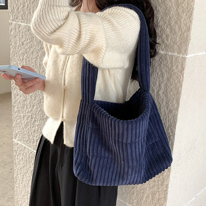 Lkblock Fashion Corduroy Tote Women Handbags Striped Quilted Shoulder Bag Winter Wide Strap Commuting Bags for Women Shopper Purses 2024