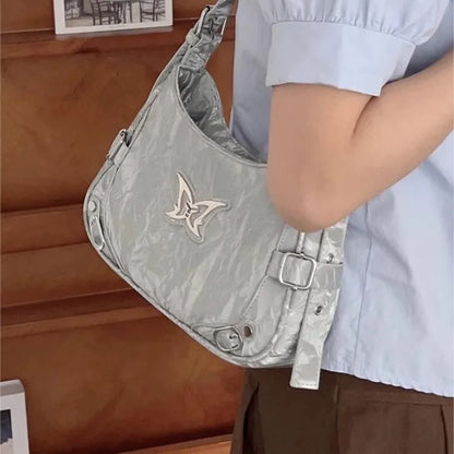 eybag Silver Y2k Womens Shoulder Bag Casual Aesthetic Literary Korean Style Fashion Handbag Summer Butterfly Leather Armpit Bag