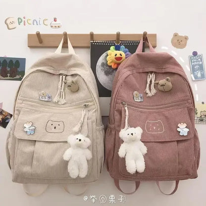 eybag Soft Zipper Corduroy Schoolbag Female Harajuku High School College Student Versatile Stripe Velvet Backpack Cute Backpack