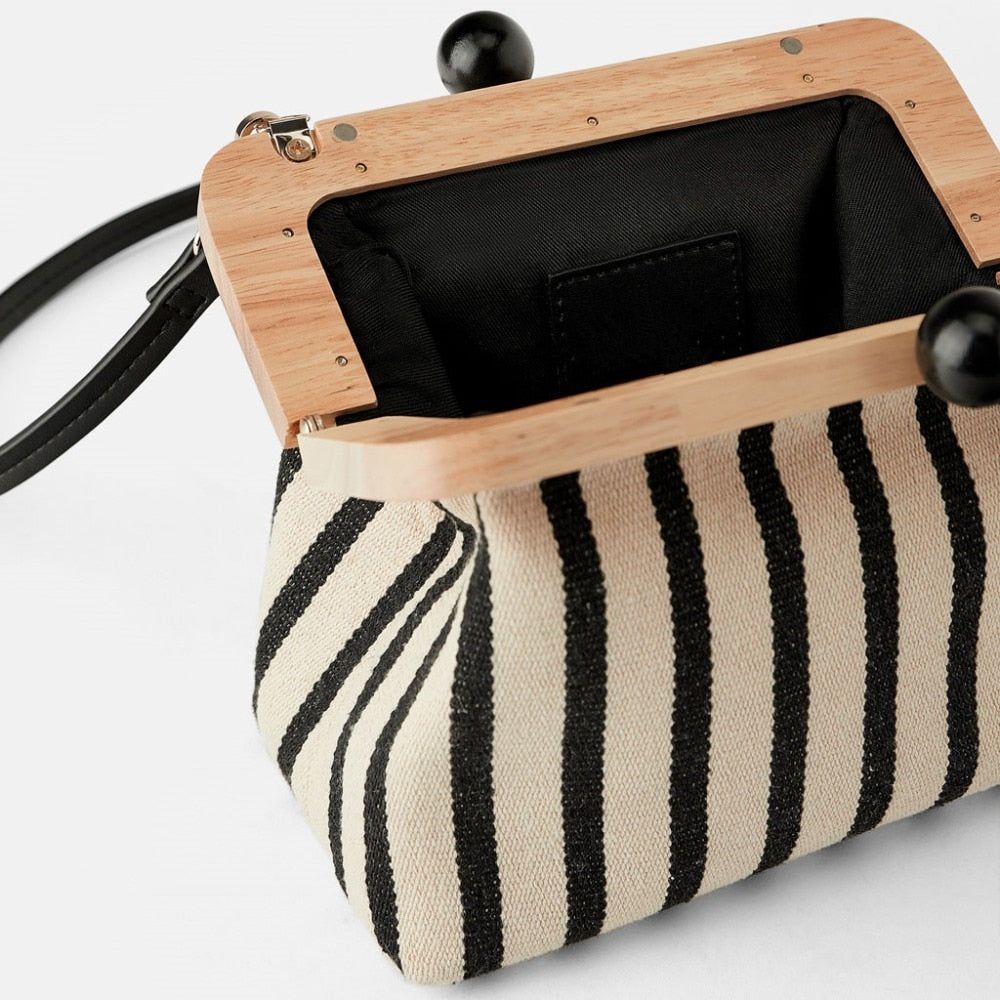 eybag - Vintage Striped Wooden Clip Bags shell bag luxury  shoulder bags women messenger crossbody bag women canvas handbags