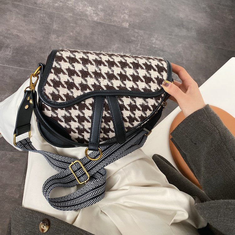 eybag Vintage Houndstooth Saddle Handbag Purses for Women Shoulder Crossbody Bags New Fashion Ladies Messenger Bag High Quality