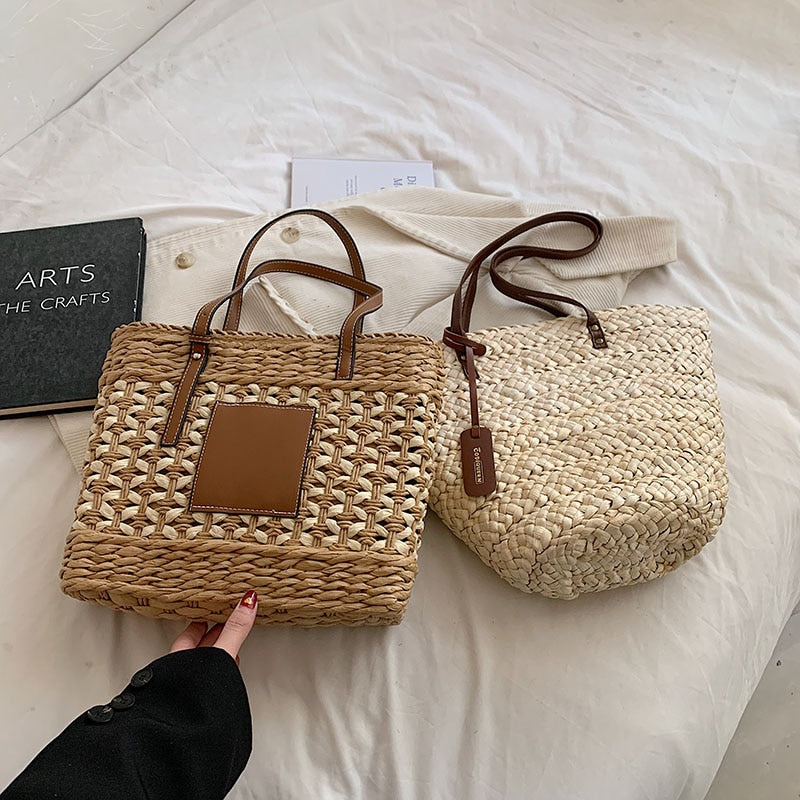 eybag 2023 Summer Straw Beach Basket Bag Fashion Women Rattan Shoulder Bag Large Capacity Woven Hand-made Handbag Female Purse Totes