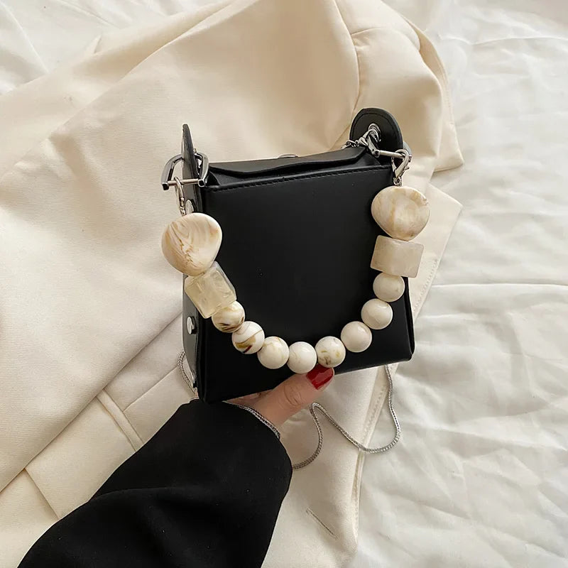 eybag Fashion Stone Beads Shoulder Bag Woman New Underarm Bag Pu Leather Simple Ladies Purse Handbag Chain Crossbody Bags