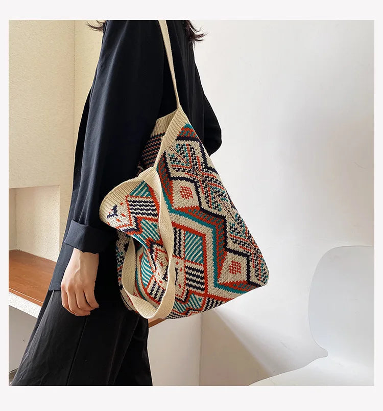 eybag Ethnic Wind Stretch Knitting Bag Geometric Weaving Retro Handbag Casual Shopping Bag Large Capacity Women Backpack Cosmetic Bag