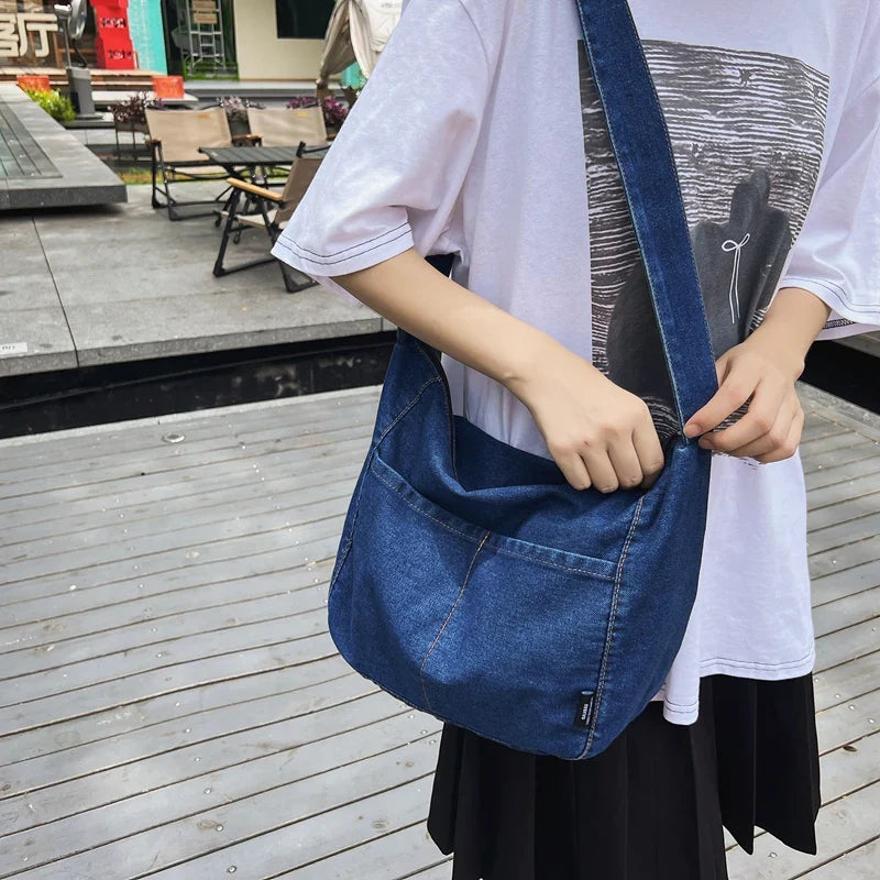 eybag Large Capacity Denim Crossbody Bags For Women College Student School Bags Solid Casual Shoulder Bag Travel Shopper Messenger Bag