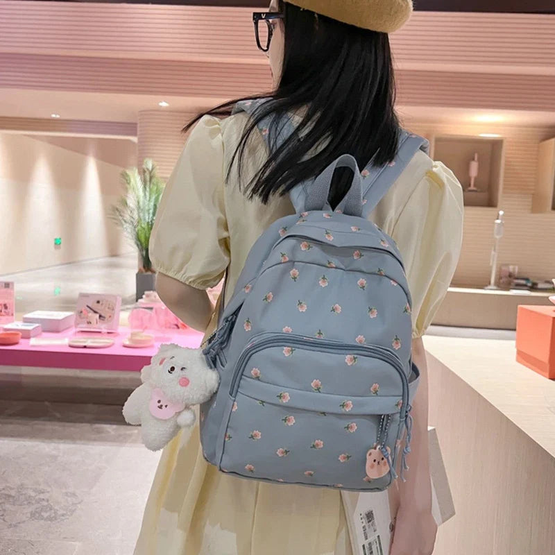 eybag 28GD Small Nylon Women Backpacks Casual Lightweight Daypack Anti-Theft Bookbag with Cute Plush Bear Charm for Girls