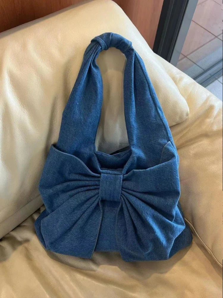 eybag New Niche Bow Denim Tote Bag Women 2024 Shoulder Bags Washed Large-capacity One-shoulder Underarm Bag Women Handbags