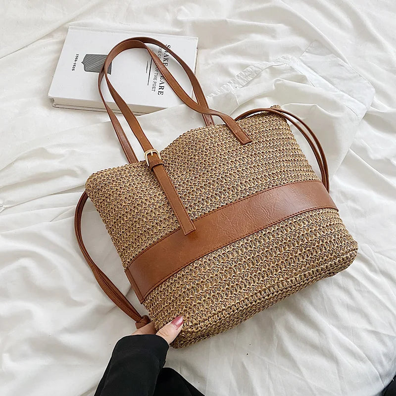 eybag Summer Straw Bag For Women Woven Handmade Handbag Large Capacity Lady Tote Vacation Beach Bag Rattan Shoulder Bag splicing Totes