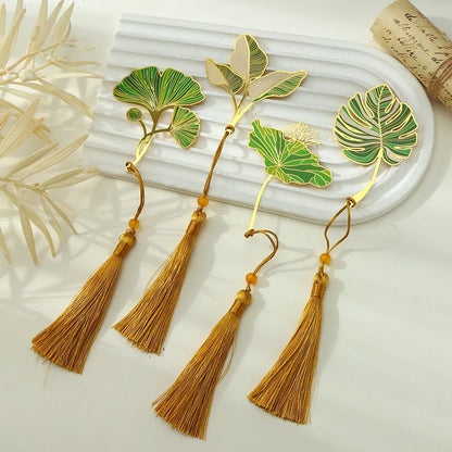 eybag Exquisite Leaf Shape Metal Bookmarks With Tassel Creative Ginkgo Lotus Leaves Book Mark Student Stationery Reading Supplies Gift