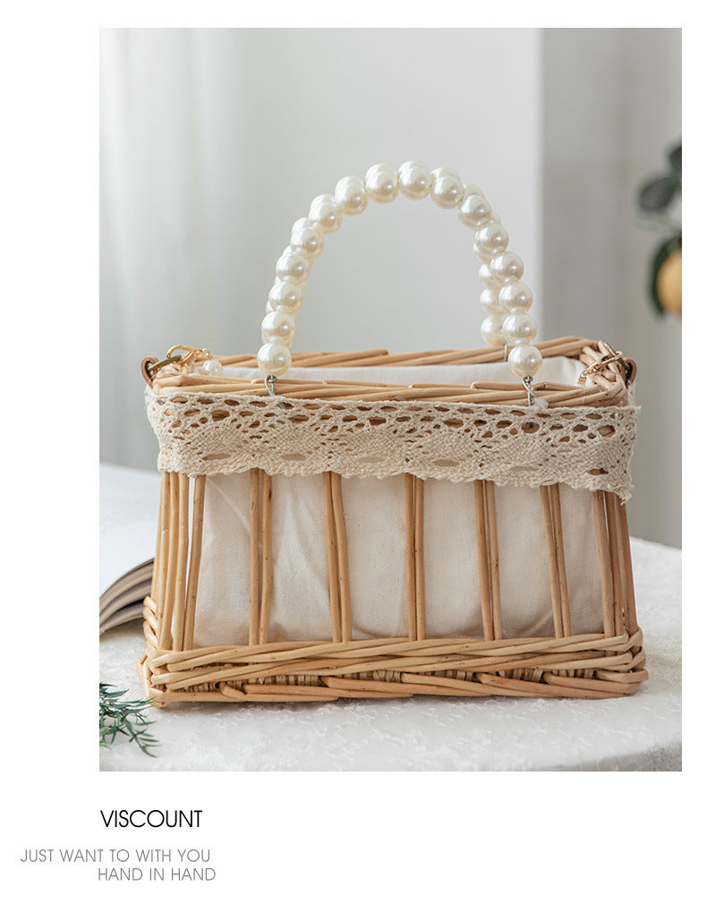 Lkblock fashion rattan hollow box straw bags wicker woven pearl portable women handbags summer beach shoulder crossbody bags bali purses