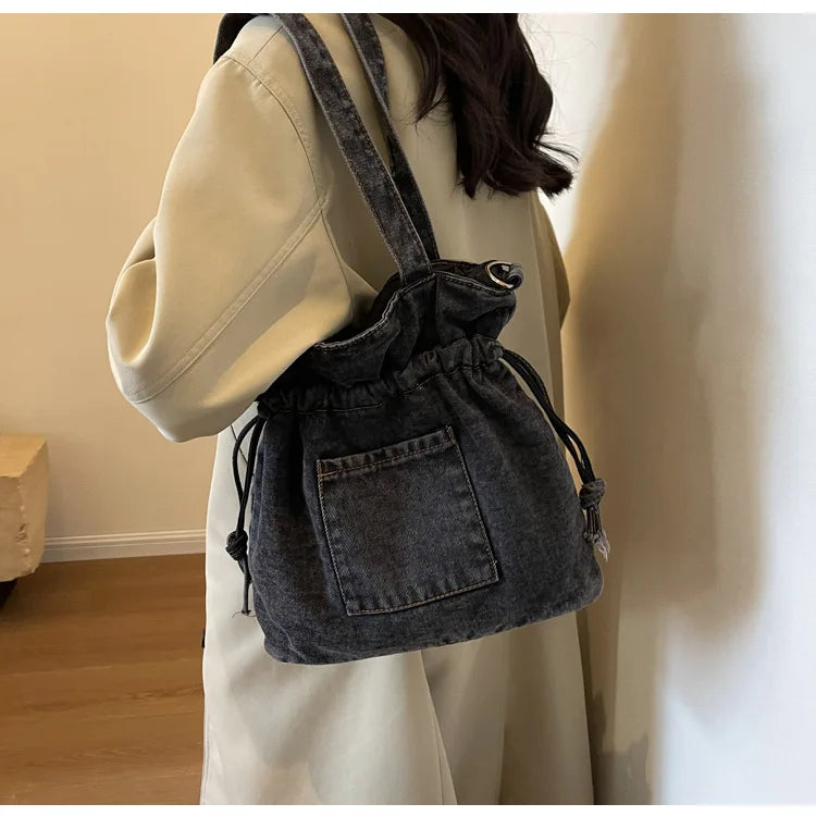 eybag Fashion Denim Women Bucket Shoulder Bag High Capacity Female Crossbody Bags Ruffled Denim Under Arm Bag for Women