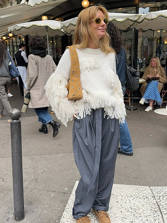 eybag Vintage Knitted Solid Tassel Sweaters Women Casual Loose O-neck Whiter Pullover Sweater Female Autumn Elegant Chic Street Tops