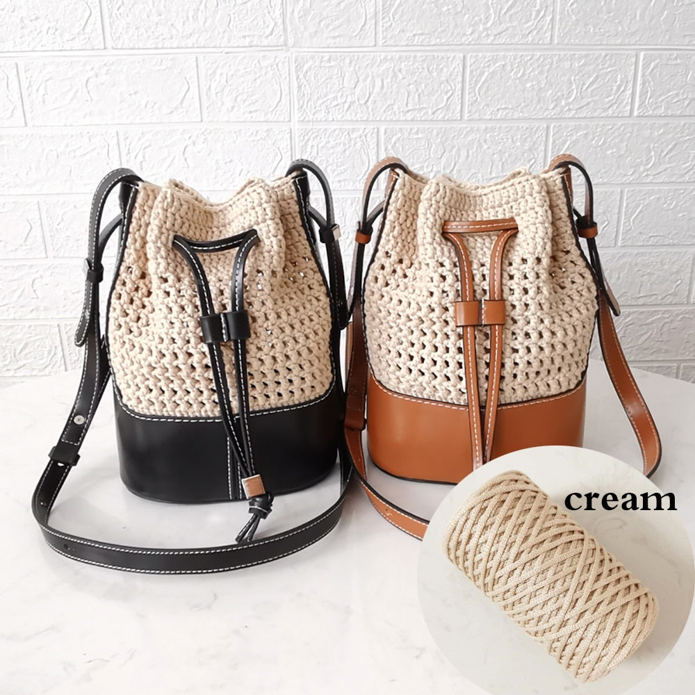 eybag Handmade Handbag Shoulder Strap Hollow Drawstring Woven Bag Set Bucket Bag Leather With Bag Bottom Belt Bag For DIY Backpack