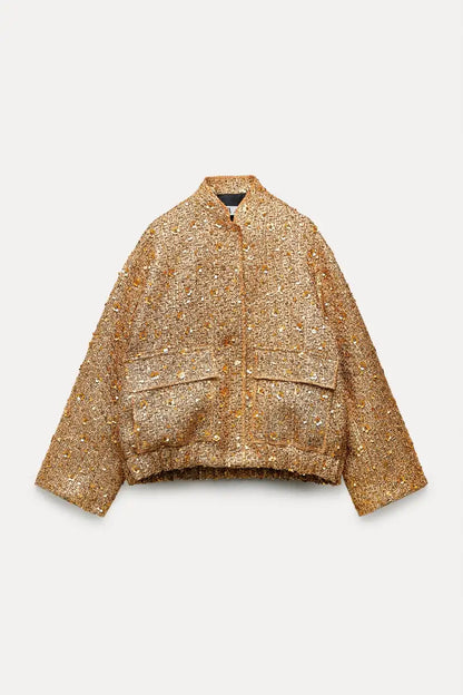 eybag 2024 Autumn Sequins Sparkling Golden Stand Collar Jacket Women Winter Long Sleeve Loose Female Coats Streetwear Lady Coat