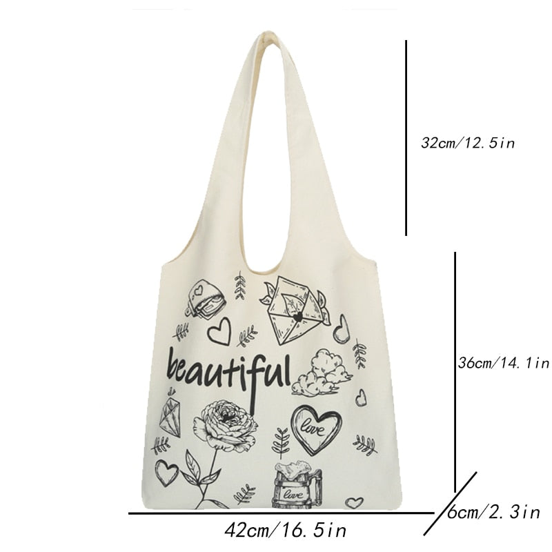 Lkblock Fashion Cute Bookbag Girls Summer Sweet College Kawaii Canvas Shoulder Bag Women Casual Shopping Bag Art Make Up Bag