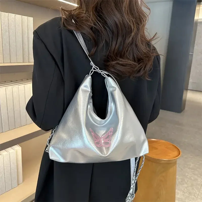 eybag Korean Trend Fashion Silver Chain Tote Bag Women's Backpack Student Large Capacity Shoulder Bag Multifunctional Backpack Ins Y2k