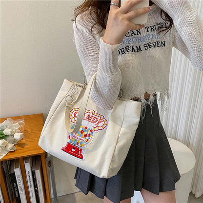 eybag Women Canvas Shoulder Bag for Students Teens Girls Ladies Casual Handbag Pink Embroidery Tote Large Capacity Shopping Beach Bag