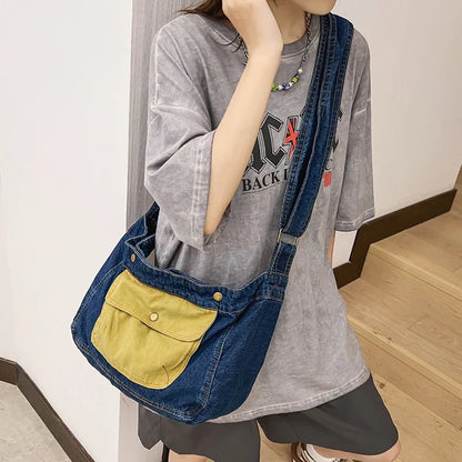 eybag Women Shoulder Bag Washed Denim Crossbody Bag For Women Large Capacity Casual Messenger Bag Student Travel Schoolbag