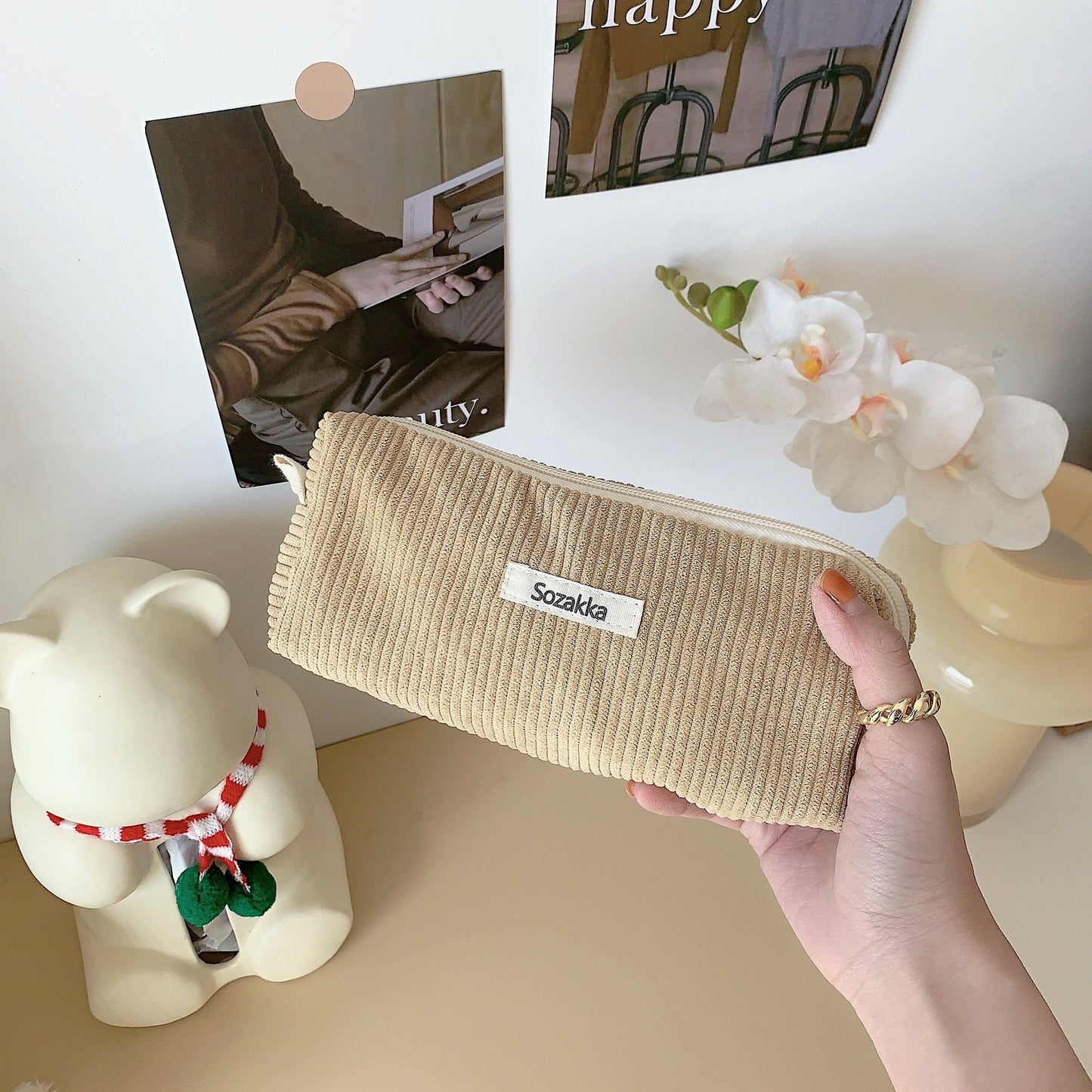 eybag Cute Corduroy Pencil Cases Travel Cosmetic Lipstick Purse Storage Bag Student Handbags School Stationery Organizer Pouch Pen Bag