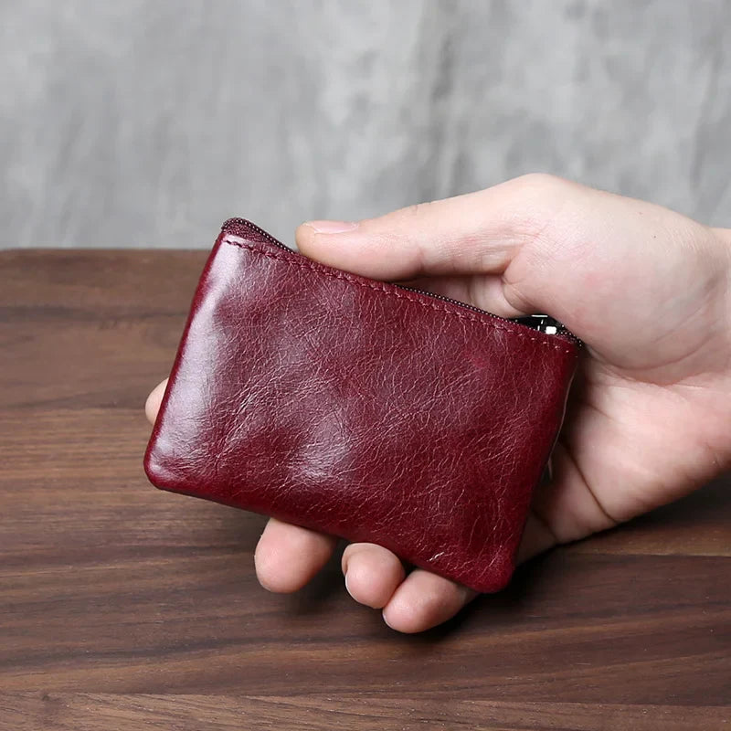 eybag Retro Genuine Leather Mini Zero Wallet For Men And Wom, Solid Color Top Layer Cowhide Zipper Small Card Bag, Minimalist Coin Bag