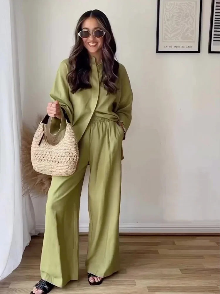 eybag Women Green Linen Shirt Long Pants Set Fashion Lapel Half Sleeve Blouse Wide Leg Pant Two Pieces Sets Summer Office Lady Suit