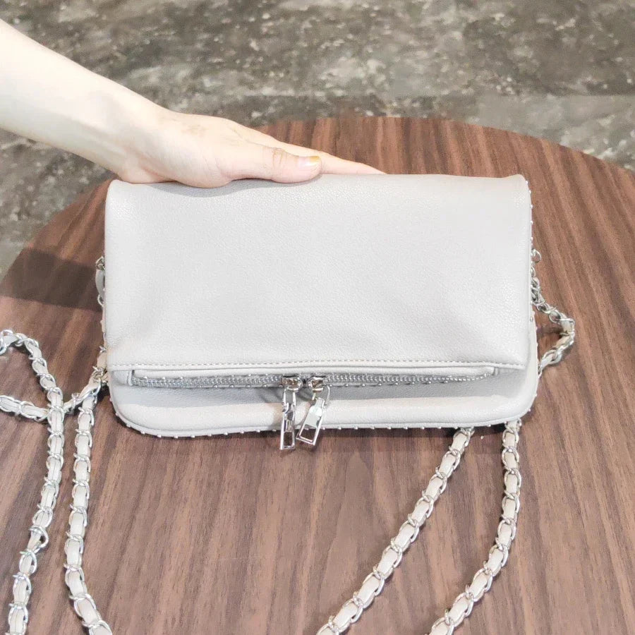 eybag Fashion Rivet Women Chain Crossbody Bag Pu leather Lady Shoulder Purse Large Capacity Classic Black Fold Envelope Bag