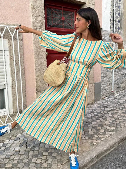 eybag Striped Print Women Maxi Dress women Elegant O Neck Lantern Sleeve Backless Female Dresses 2024 Summer High Waisted Robe