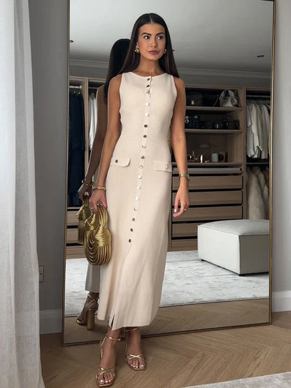 eybag Vintage Knitted Sleeveless Long Dress Women Summer Solid Single Breatsted Elegant Bodycon Dresses Party Evening Office Lady Robe