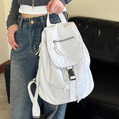 eybag Pure White Womens Backpack Vintage Leather Soft Washed American Style Backpack College Style Large Capacity New Travel Bag