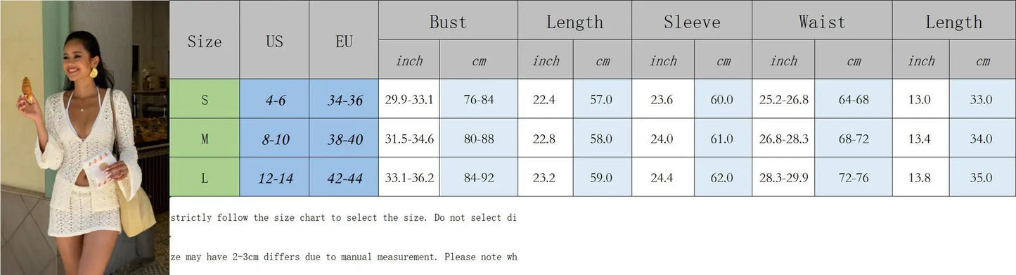 eybag White Knitted Beach Skirt Sets Women Sexy Hollow Out Slim Bohemian Outfits Long Sleeve Holiday Two Piece Set 2024 Beachwear