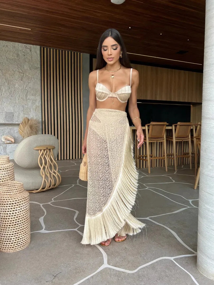 eybag Sexy 3/4Pieces Push Up Bikini Set Women Swimsuit High Waist Perspective Tassel Skirt Beach Outing Bathing 2024 Feminine Swimwear