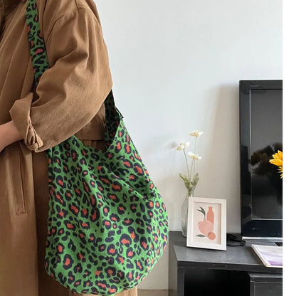 eybag Women's Corduroy Shoulder Crossbody Bag Green Leopard Print Cloth Large Capacity Handbag Casual Travel Shopping Totes