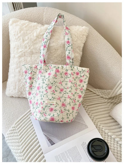 eybag 1 Pc Aesthetic Pink Floral Shoulder Bag for Women Retro Korean Fashion Tote Bag for Student Portable High Capacity Storage Bag