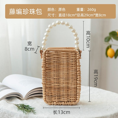 Lkblock fashion rattan hollow box straw bags wicker woven pearl portable women handbags summer beach shoulder crossbody bags bali purses