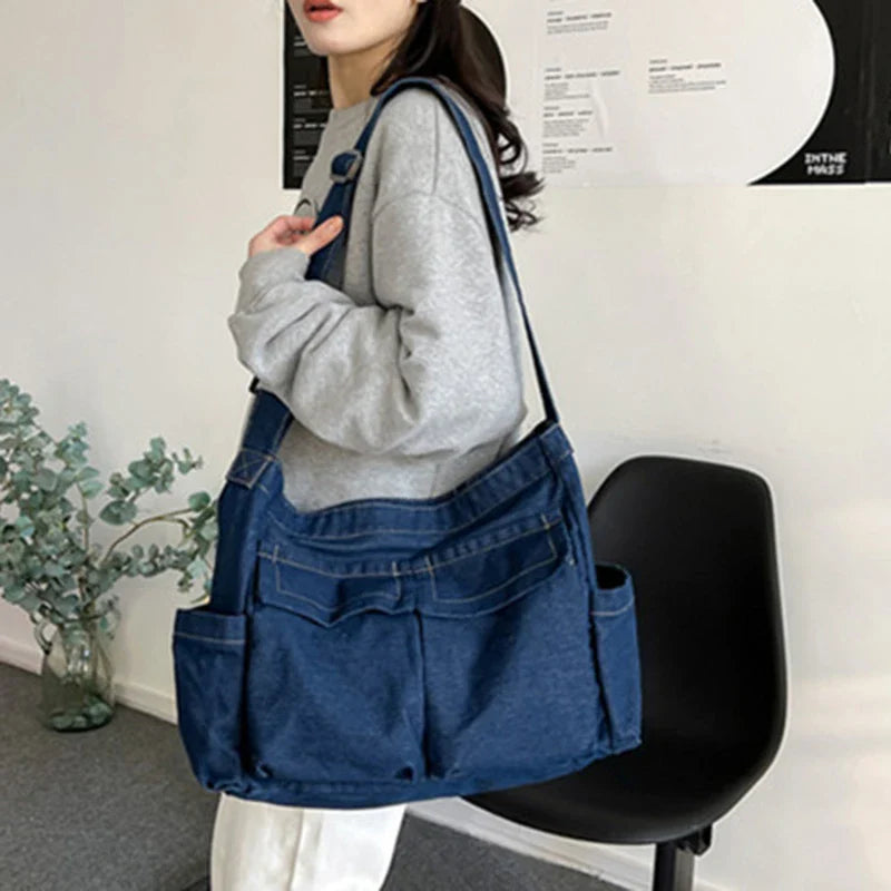 eybag Denim Crossbody Bags for Women Japanese Style Unisex Casual Pocket Books School Bag for Students Shoulder Bags Large Jeans Bag