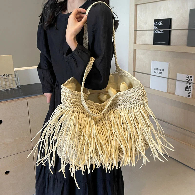 Lkblock Fashion Women's Straw Bags 2024 Quality Handmade Rattan Beach Bag Summer Travel Handbags And Purses Straw Female Shoulder Bags