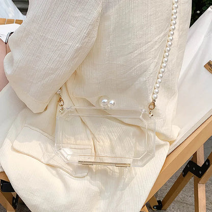 eybag Fashion Clear Acrylic Box Clutch Purse Women Transparent Handbag Plastic Barrel Shaped Bag Girl Party Bag with Pearl Chain