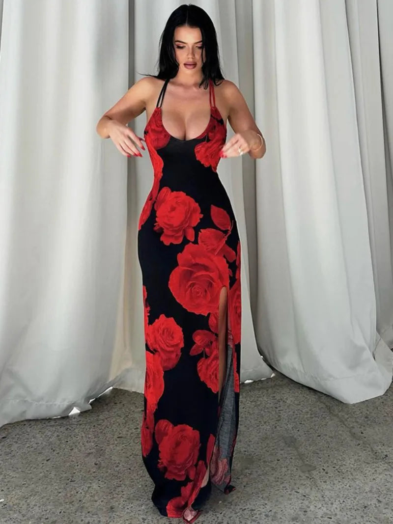 eybag Women's Red Flowers Print High Slit Slip Dress 2024 Summer Elegant Sexy Backless High Waist Sleeveless Long Maxi Holiday Dresses