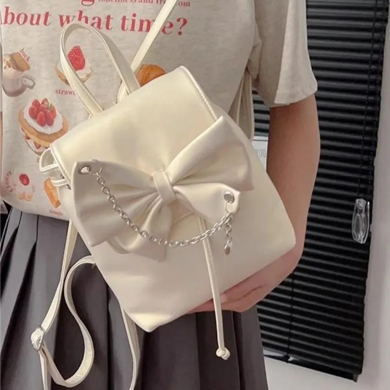 eybag Sweet Fashion Womens Backpack Elegant Cute Bow Chains Small Pu Leather Aesthetic Backpack Luxury Ladies Korean Popular Bag