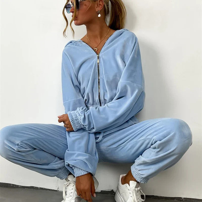 eybag Women's Fall and Winter 2024 hot fashion set zipper hoodie Drawstring Tracksuit Trouser Solid color Two-piece set