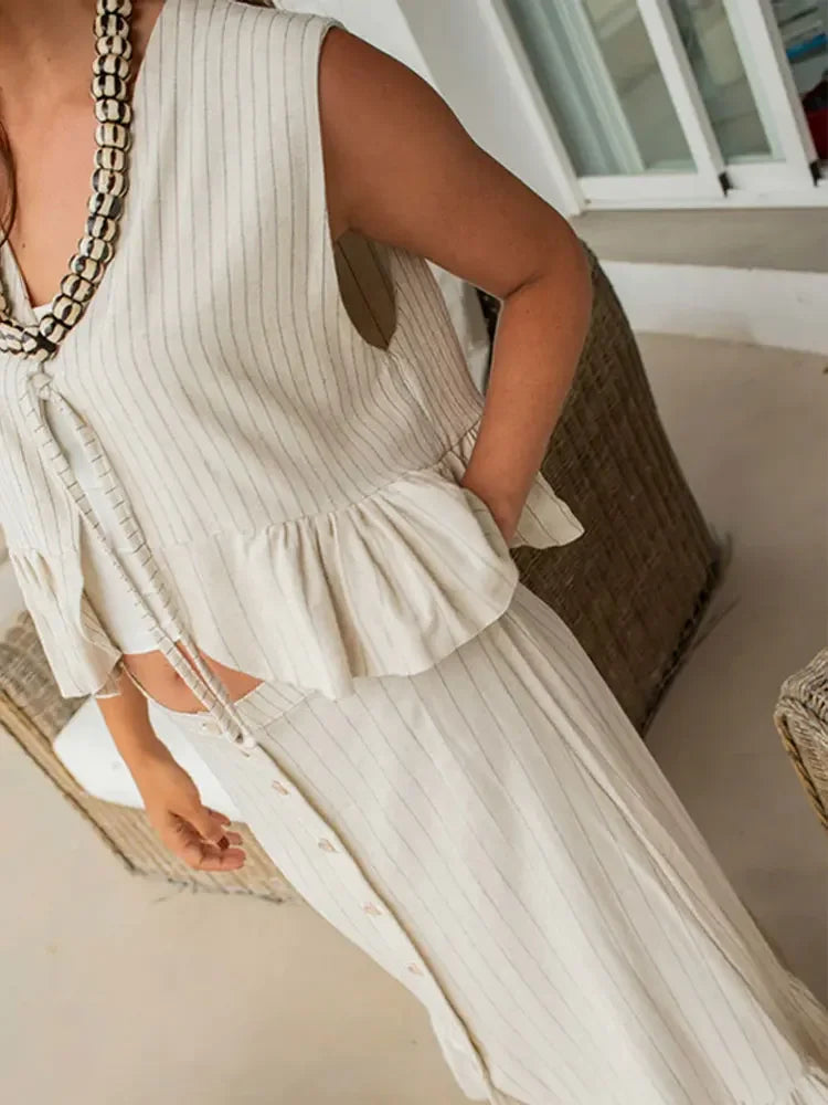 eybag Stripe Print Single Breast Button Ruffle Skirt Set Women Chic Lace-up Sleeveless Tops Suit 2024 Elegant Vocation Street Outfit