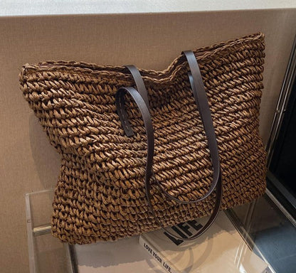 Lkblock Luxury Design Straw Woven Tote Bags Summer Casual Large Capacity Handbags New Fashion Beach Women Shoulder Simple Style Shopping