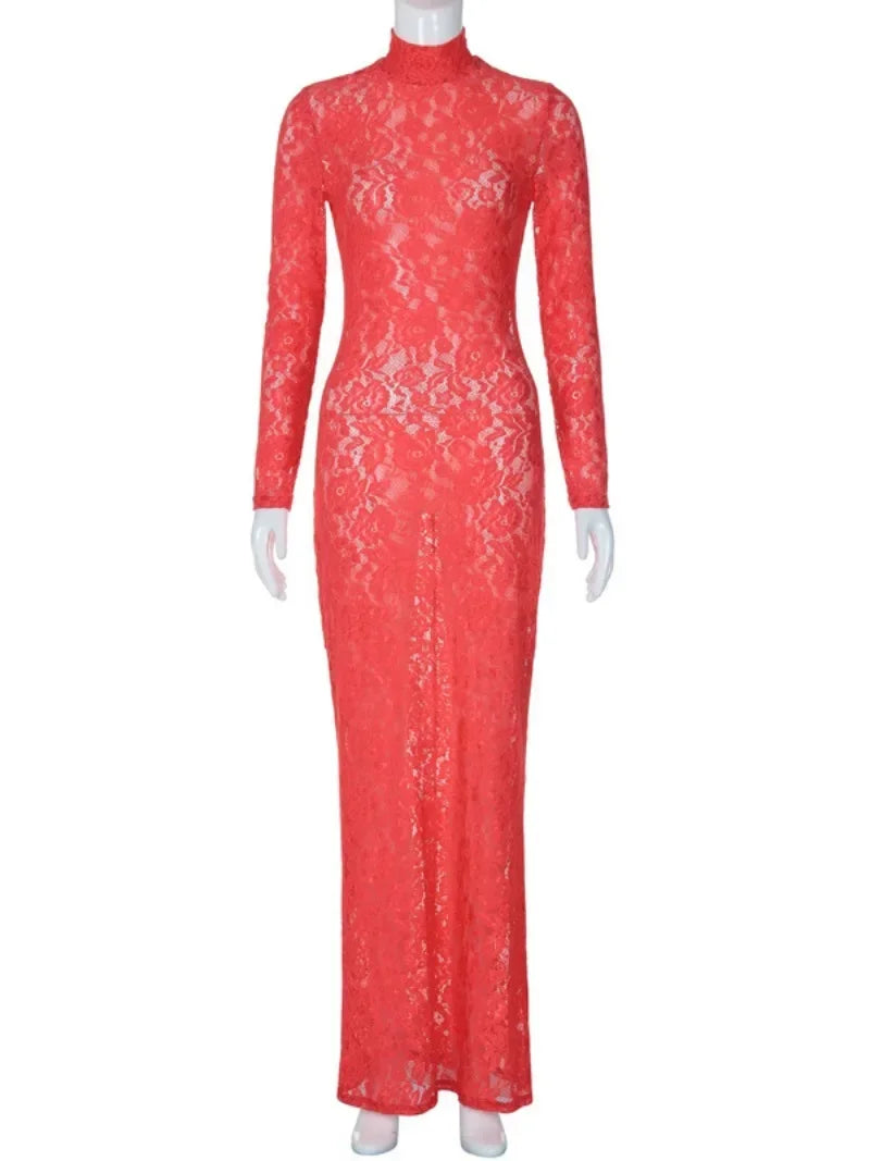 eybag Elegant Sexy See-through Red Lace Evening Dresses for Women 2024 Autumn High Waist Hollow Out Bodycon Wedding Party Prom Dress